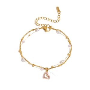 Gold‎ Tone Pink Heart Charm Pearl Beaded Double Strand Bracelet Jewelry